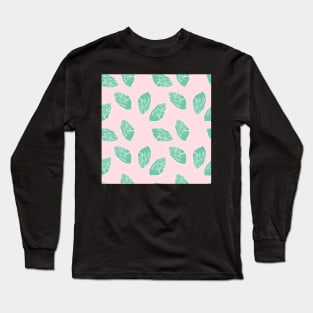 Pale Pink background and Green Leaves Pattern Long Sleeve T-Shirt